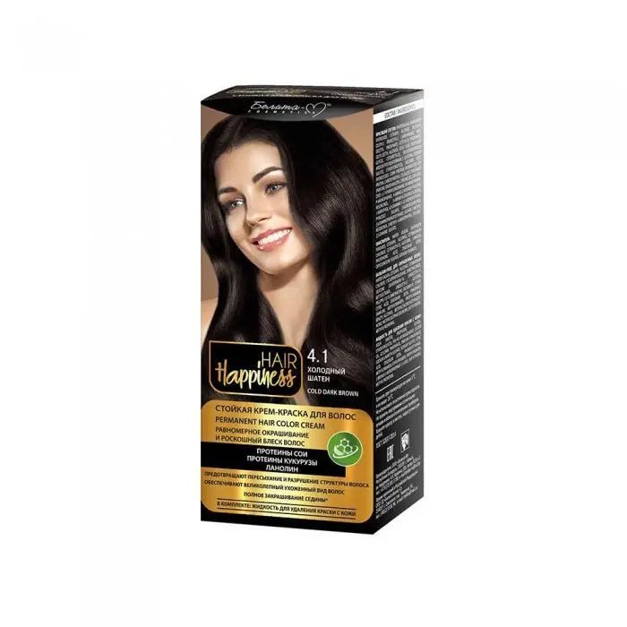 Крем-краска аммиачная для волос тон 04.1 Холодный шатен Hair Happiness