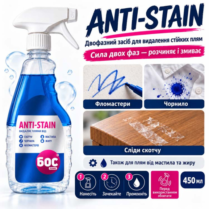 Двухфазное средство для удаления стойких пятен БОС-плюс ANTI-STAIN, 450мл