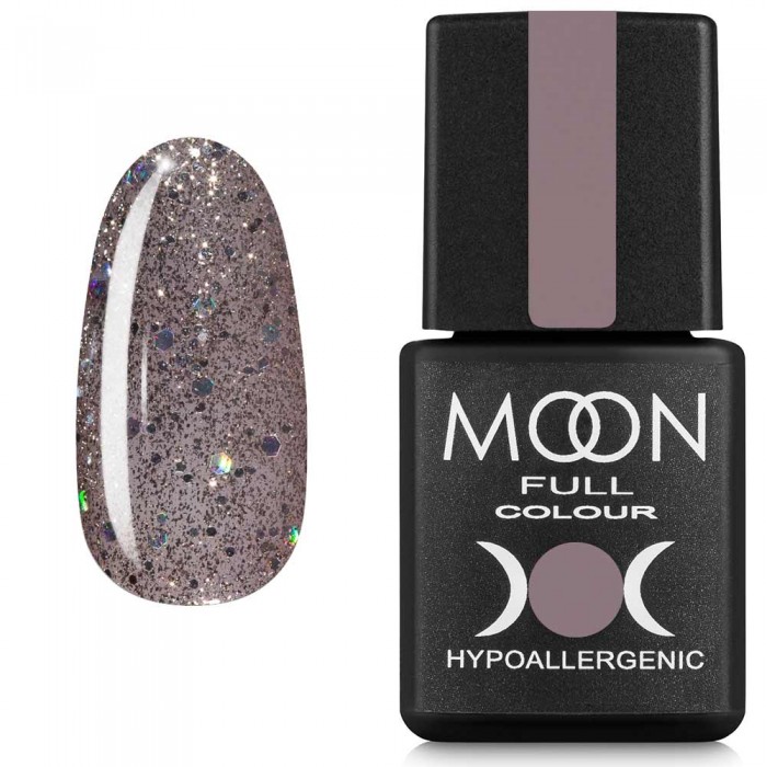 Гель-лак MOON FULL color Gel polish №323 серебристо-бежевый с разноцветным глиттером 8 мл