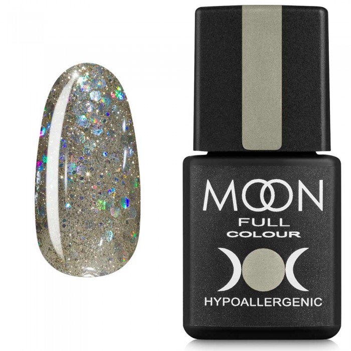 Гель-лак MOON FULL color Gel polish №328 серебристо-золотой с разноцветным глиттером 8 мл
