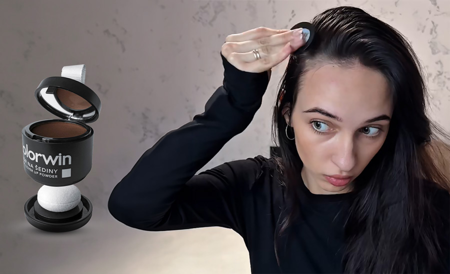 нанесение пудры для маскировки седины на пробор