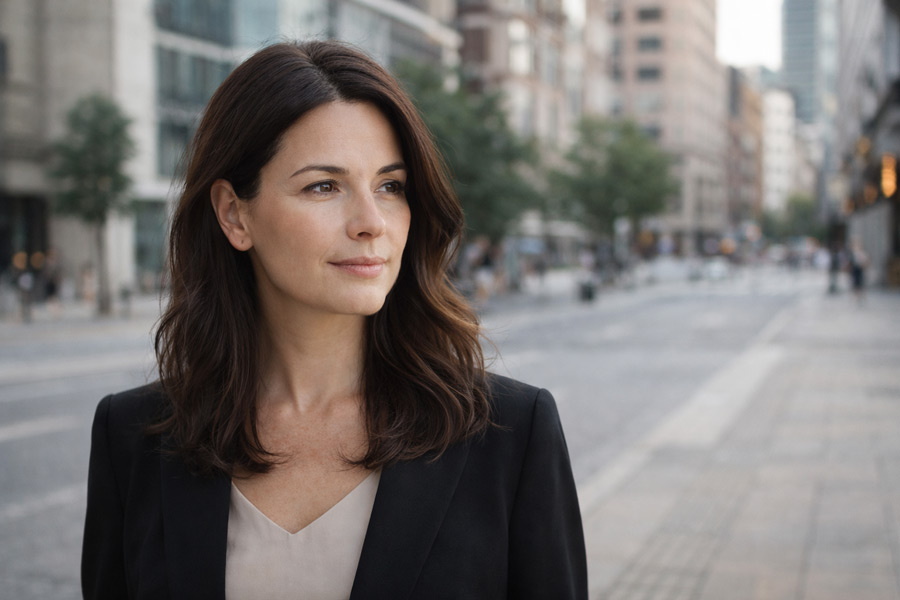 Натуральный результат маскировки седины пудрой – ровный тон волос в городском освещении.