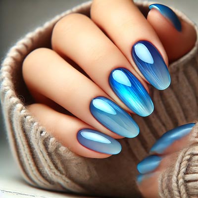 Голубой витражный маникюр с полупрозрачным стеклянным эффектом
