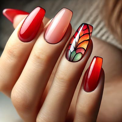 Красный витражный маникюр с акцентным дизайном и глубоким стеклянным эффектом