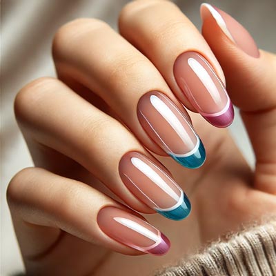 Нежный маникюр с прозрачной базой и цветными кончиками