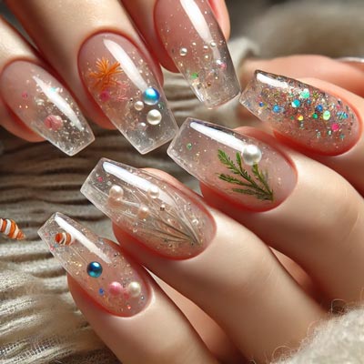 Витражный маникюр с многослойным дизайном, декором и прозрачным стеклянным эффектом