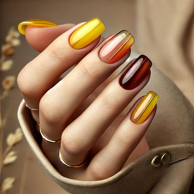 Витражный маникюр в желтых и коричневых оттенках с эффектом цветного стекла