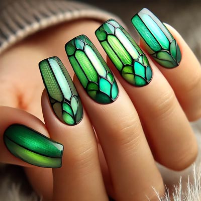 Зеленый маникюр с геометрическим дизайном и эффектом цветного стекла
