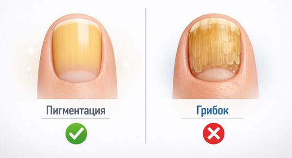 Порівняння жовтих нігтів: зліва пігментація, справа грибкове ураження
