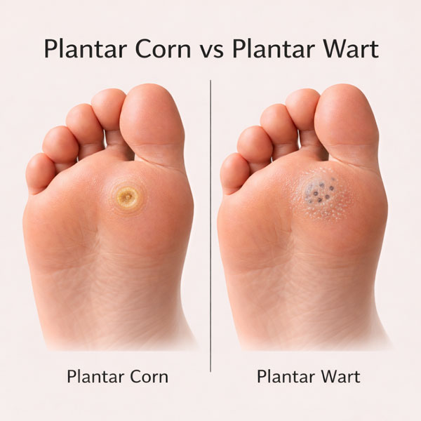 різниця між стрижневим мозолем і підошовною бородавкою