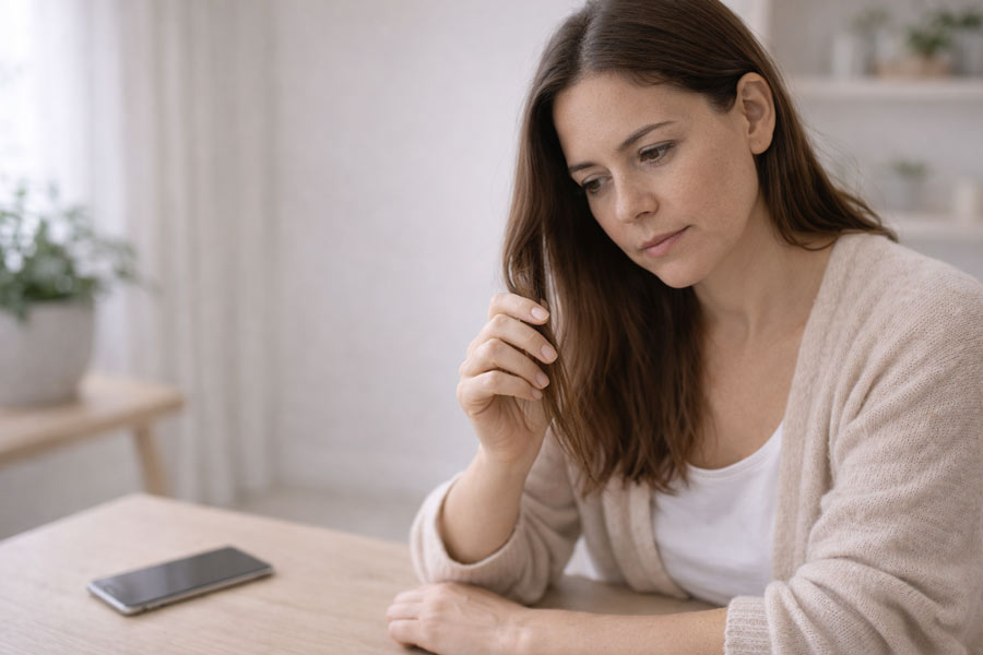 Жінка обмірковує, що робити при сильному випадінні волосся