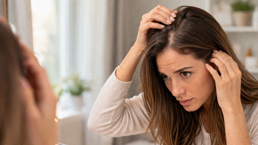 Сильно випадає волосся у жінки — помітне порідіння біля проділу