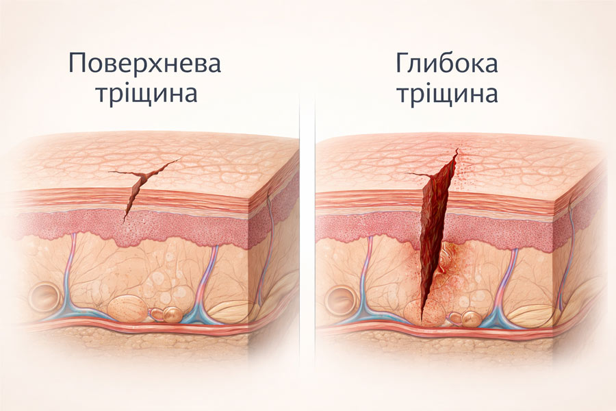 Сравнение поверхностной и глубокой трещины кожи в разрезе